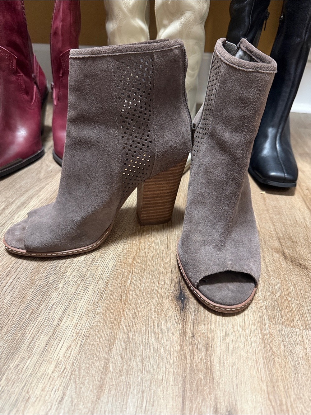 Gianni Bini Taupe Suede Open-Toe Block Heel Ankle Booties